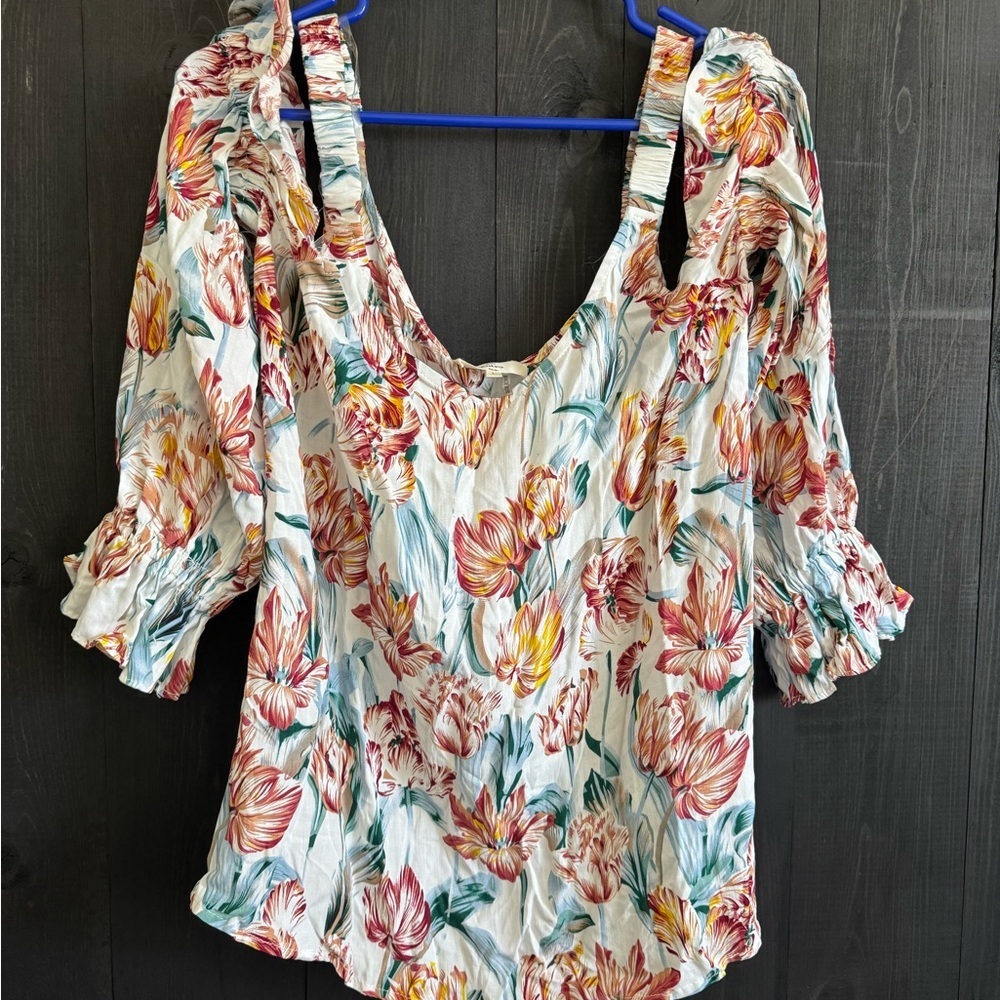 Entro Orange Puff Sleeve Ruffled Blouse